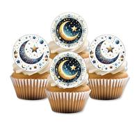 Eid Mubarak Edible Cupcake Toppers | PRECUT Blue Gold Moon Star Islamic Cake Decorations