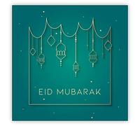 Eid Mubarak Greeting Cards - Hanging Gold Lanterns Design (Teal)