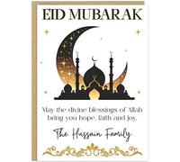 Eid Mubarak Greetings Card - May the Divine Blessings of Allah Bring Hope Faith and Joy For Islamic Faith - Personalised Own Family Name - Muslim Celebration Cards (Black & Gold)