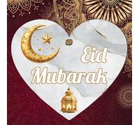 Eid Mubarak, Hajj Mubarak, Ramadan Mubarak, Umrah Mubarak, and Bismillah Heart Plaques - Islamic Grey, for Ramadan, Eid, Hajj, Umrah Gifts, (Eid Mubarak, Small: 10 cm (H) × 9 cm (W))