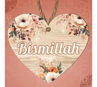 Eid Mubarak, Hajj Mubarak, Umrah Mubarak, and Bismillah Floral Heart Plaque - Islamic Hanging MDF Sign for Eid, Hajj, Ramadan Decor, Umrah Welcome Gift, Islamic Home Decor, (Bismillah)