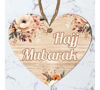 Eid Mubarak, Hajj Mubarak, Umrah Mubarak, and Bismillah Floral Heart Plaque - Islamic Hanging MDF Sign for Eid, Hajj, Ramadan Decor, Umrah Welcome Gift, Islamic Home Decor, (Hajj Mubarak)