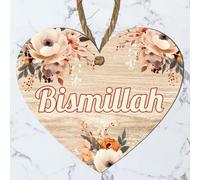 Eid Mubarak, Hajj Mubarak, Umrah Mubarak, and Bismillah Floral Heart Plaque - Islamic Hanging Sign for Eid, Hajj, Ramadan Decor, Umrah Welcome Gift, (Bismillah, Large: 23 cm (H) × 20 cm (W))