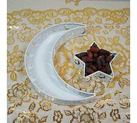Eid Mubarak Moon Star Tray, Ramadan Decoration Ramadan Trays, Muslim Wooden Plate Tray Moon Star Shaped Food Fruit Serving Tray, Eid Mubarak Dessert Tray for Ramadan Festival Party(Silver A1)