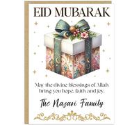 Eid Mubarak Personalised Greeting Cards - Elegant Gift Box Design with Blessings of Allah - Custom Name Islamic Hope Faith Joy - Beautiful Designs for Eid Festival Family Celebrations (Design 10)