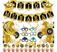 Eid Mubarak & Ramadan Decorations Set for Home - Islamic Party Decor Kit with Balloons, Banners, Paper Glasses, Hanging Swirls, Cupcake Toppers for Ramadan Party, Family Gatherings (Black Gold)