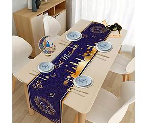 Eid Mubarak Table Runner, 14*73in Muslim Ramadan Tablecloth Star Moon Table Decoration Islamic Eid Adha Table Cover for Islamic Iftar Party Decor, Home, Kitchen, Dining Room, Holiday(Dark Purple)