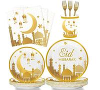 Eid Mubarak Tableware Set, 48 Pieces Disposable Paper Plates Cups Forks and Napkins Set, Muslim Ramadan Dessert Plates, Ramadan Mubarak Table Party Supplies (Style A)