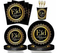 Eid Mubarak Tableware Set, 48 Pieces Disposable Paper Plates Cups Forks and Napkins Set, Muslim Ramadan Dessert Plates, Ramadan Mubarak Table Party Supplies (Style B)