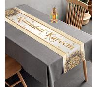 Eid Mubarak White Gold Table Runner 70.8x13.8in,Ramadan Mubarak Dining Table Runner in Party,Eid Muslim Islamic Table Runner for Dinner Table Cover Decoration,Eid Table Runner for Party Decor