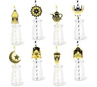 Eid Paper Straws Decorations - 8Pcs Gold Black Drinking Straws Ramadan Cocktail Straws Eid Mubarak Party Straws in Castle/Moon/Star Pattern for Eid Ramadan Decorations Home Bar Table Party Supplies