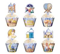 Eid Ramadan Mubarak Cupcake Toppers and Wrappers, 24pcs Muslim Mosque Moon Star Sheep Cartoon Print Cupcake Decorations for Kids Boys Girls Muslim Islamic Theme Eid Al-fitr Diwali Party Supplies