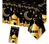 Eid Ramadan Tablecloth, Black Gold Eid Mubarak Party Table Cover Plastic Waterproof Table Cloth, Rectangular Star Moon Tablecover Party Supplies for Islam Muslim Party Table Decor 130x220cm (1PCS)