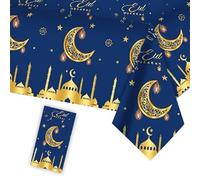 Eid Ramadan Tablecloth, Black Gold Eid Mubarak Party Table Cover Plastic Waterproof Table Cloth, Rectangular Star Moon Tablecover Party Supplies for Islam Muslim Party Table Decor 137x274cm (Blue)
