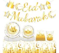 Eid Tableware Set, Eid Plates, Cups, Napkins, Tablecover, Ramadan Tableware Set, Ramadan Decorations - Gold and White