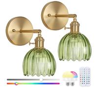 EIDEARAY Battery Operated Wall Sconce Set of 2,Vintage Wall Sconce with Deep Green Tulip Glass Lampshade Rechargeable Wall Light with Remote Control for Bedroom,Living Room, Hallway, Aisle