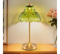EIDEARAY Rechargeable Table Lamp, Battery Operated Table Lamp, Cordless LED Green Glass Morning Glory Shape Lamps with Dimmable, Decorative Touch Lamps for Living Room
