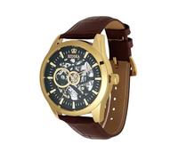 EIDIKA Men's Classic Automatic Mechanical Watch - Leadership Series - Leather Strap, Luminous Hands, Exhibition Caseback, Water-Resistant, Self-Winding, Skeleton Dial, 43mm, Gold/Brown