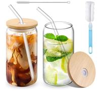 Eidoct 2 Empty 400ml Can Shaped Glasses, Can Shaped Glasses with Airtight Bamboo Lids, Glass Straws & Straw Cleaning Brush, Iced Coffee Glass for Smoothies, Beer, Parties, BBQ