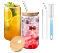 Eidoct 2 Empty 500ml Can Shaped Glasses, Can Shaped Glasses with Airtight Bamboo Lids, Glass Straws & Straw Cleaning Brush, Iced Coffee Glass for Smoothies, Beer, Parties, BBQ