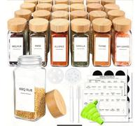 Eidoct 24-Piece Wood-Lid Glass Spice Jar Set, 120ml, Kitchen Seasoning Storage, Spice Jars with Lids and Labels, Suitable for Restaurants and Homes, Each Set Includes Brush, Whiteboard Marker, Funnel
