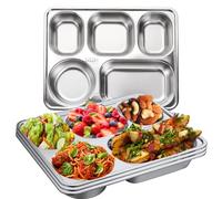 Eidoct 3 Pack Stainless Steel Divided Dinner Plates,Snack Serving Plate with 5 Compartment, Metal Food Trays for Kids, Picky Eaters Adults,Campers,Diet Food Portion Control