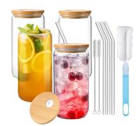 Eidoct 4 Empty 400ml Can Shaped Glasses, Can Shaped Glasses with Airtight Bamboo Lids, Glass Straws & Straw Cleaning Brush, Iced Coffee Glass for Smoothies, Beer, Parties, BBQ