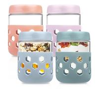 Eidoct 4-Pack 15.8oz Glass Jar Overnight Oats Container with Screw Lid Leakproof and Silicone Sleeve, Yogurt Jars, Oatmeal Salad Jars, Cereals Milk Fruit Condiment(4-Pack 450ml with Silicone Sleeves)