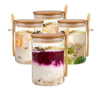Eidoct 4-Pack Overnight Oats Containers with Wooden Lids and Spoon, 16 oz Overnight Oats Jars, Glass Food Storage Container for Oatmeal, Chia Pudding, Yogurt, Salad, Cereal