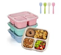 Eidoct 4 Pack Snack Boxes, Reusable Bento Lunch Boxes with 3 Compartments & Fork, Lunch Snack Containers for Kids Adults, Divided Food Storage Containers for School Work Travel(Green/Blue/Pink/White)