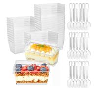 Eidoct 50-Pack 160ml Rectangle Dessert Cups with Lids & Spoons - Reusable Mini Dessert Pots for Mousse, Pudding, Cheesecake & Parfait | Clear Individual Bowls for Party & Catering