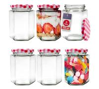 Eidoct 6 Pack 280ml Glass Hexagonal Jam Jar with Red Gingham Lid, Reusable Clear Food Storage Jars for Homemade Kitchen Spices,Food,Jam,Fruit,Salad,Yogurt,Sweets,Honey,Chilli Sauce