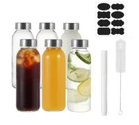 Eidoct 6 Pack 300ml Reusable Glass Water Bottle - Leak-Proof, Heat-Resistant for Hot/Cold Drinks, Juicing, Smoothies & Coffee | Includes Free Bottle Brush&Stickers | Perfect for Gym, Office, Home