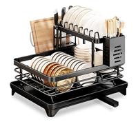 Eidoct Double-Layer Large-Capacity Dish Drainer with Cutting Board Holder and Chopstick Holder Heavy-Duty Carbon Steel Kitchen Dish Rack Removable Drain Tray Sink-Side Kitchen Storage Shelf (Black)