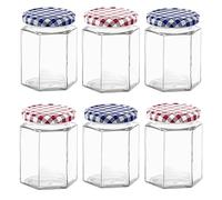 Eidoct Glass Jam Jars Set of 6, 280ml / 9oz Hexagonal Storage Glass Jars with Screw Top Red and Blue Gingham Lids, Clear Airtight Preserving Glass Jars for Marmalade, Chutney, Jam, Pickle
