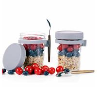 Eidoct Overnight Oats Container 2-Pack, Overnight Oats Jars with Lid and Spoon 10 oz Cereals, Milk, Fruit Salad, with Measurement Mark (2pcs grey)