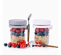 Eidoct Overnight Oats Container 2-Pack, Overnight Oats Jars with Lid and Spoon 10 oz Cereals, Milk, Fruit Salad, with Measurement Mark (grey and white)