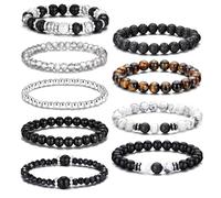 EIELO - stretch beaded bracelets set for men women natural stone tiger eye black stone stretch rock adjustable black boho crystal stackable bracelet set