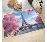 Eiff Tower Cherry Blossoms Indoor DoorMat, Pink Washable Non Slip Low Profile Dirt Trapper Rug for Entrance Kitchen Bedroom Door Mats, 40 x 60 cm