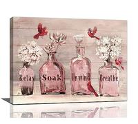 eiffecho Pink Flower Bathroom Wall Art Relax Soak Unwind Sign Pictures Wall Decor Canvas Painting Prints Artwork Decorations Framed for Bathroom 16"x12"