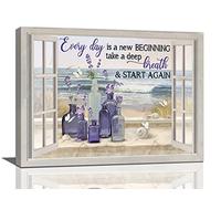 eiffecho Purple Farmhouse Lavender Bathroom Decor Wall Art Rustic Window Pictures Wall Decor Canvas Painting Prints Artwork Decorations Framed for Bedroom Kitchen 20"x16"