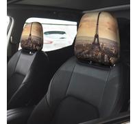 Eiffel Tower and City Car Seat Headrest Cover 2 PCS, Soft Stretchable Fabric Car Head Rest Protector Dustproof Removable Car Headrest Covers Universal Vehicle Accessories