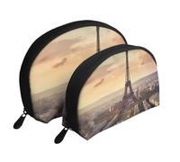 Eiffel Tower and City Portable Shell Cosmetic Bag Set - Travel Makeup Organiser with Zipper & Inner Compartments