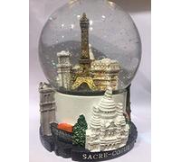 Eiffel Tower and other Paris Monuments Snow Globe - Large Size 14 cm - Quality Resin Base and Glass Globe - 3D Engraved - Sparkling Snow - White