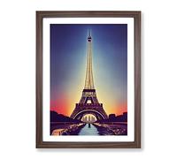 Eiffel Tower At Sunset No.3 Framed Print | A3 Walnut Framed Wall Art | Ready to Hang | Modern Cityscape Picture | Living Room Bedroom Lounge Office