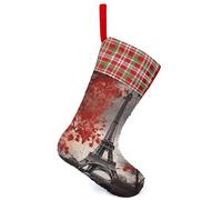 Eiffel Tower Autumn Leaves Christmas Stocking 13.2in, Glitter Sequins Xmas Stocking with Hanging Loop, Fun Gift Bag for Holiday Party Decor, One Size