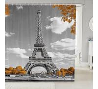 Eiffel Tower Bathroom Curtain,Modern Paris French Style Bathroom Curtains 12 Hooks Suits for Bathtub,Autumn Maple Leaves Bath Curtain for Kids Girls Boys,72" W x 72" L,Brown Grey