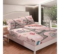 Eiffel Tower Bed Sheet Set Romantic Paris Bed Sheets for Kids Girls Women Pink Cake Macaron Coffee Bedding Set Romantic Garden Fitted Sheet Decor Bedroom Collection 3Pcs King Size