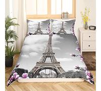 Eiffel Tower Bedding Set Double Size Kids Purple Flower Comforter Cover City Building Of Paris Duvet Cover For Teens Adult Women Dark Clouds Grey Quilt Cover For Bedroom Living Room