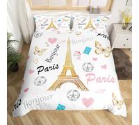Eiffel Tower Bedding Set Paris Famous Landmark Bedding Duvet Cover Kids Boys Girls Women French Style Butterfly Comforter Cover White Gold Pink Bedroom Quilt Covers 3Pcs Super King,No Comforter